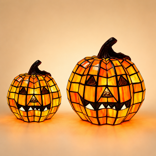 Pumpkin lamp styled on an autumn entryway console