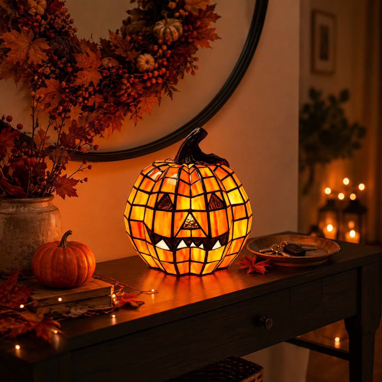 Glowing mosaic-look pumpkin lamp on a warm cream background