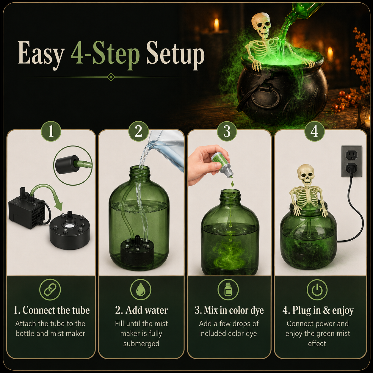 Hocus Mist™ Skeleton Cauldron with Green Fog & Glow