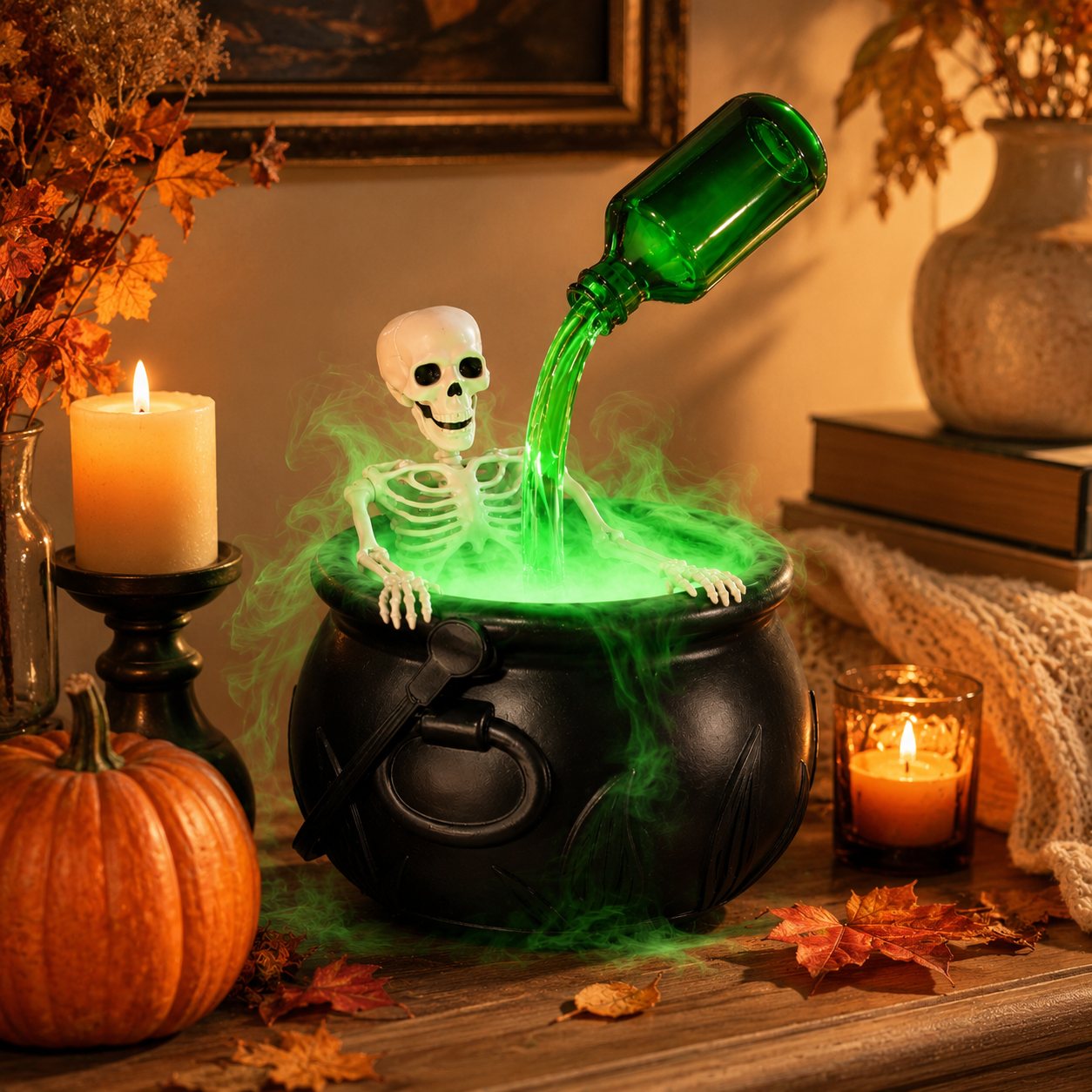 Hocus Mist™ Skeleton Cauldron with Green Fog & Glow