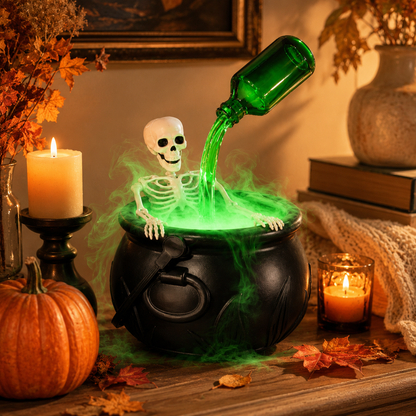 Hocus Mist™ Skeleton Cauldron with Green Fog & Glow