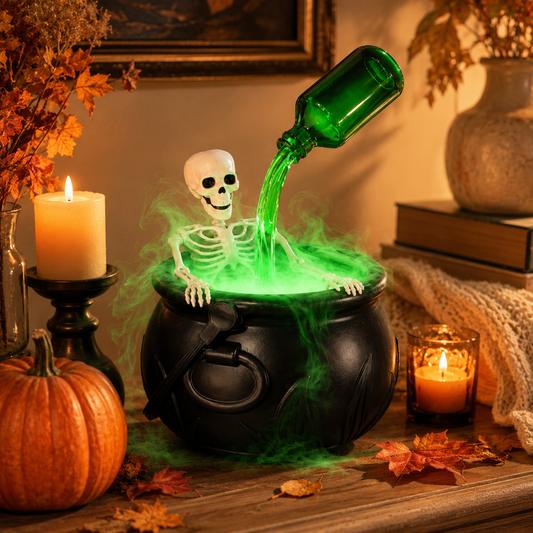 Hocus Mist™ Skeleton Cauldron with Green Fog & Glow