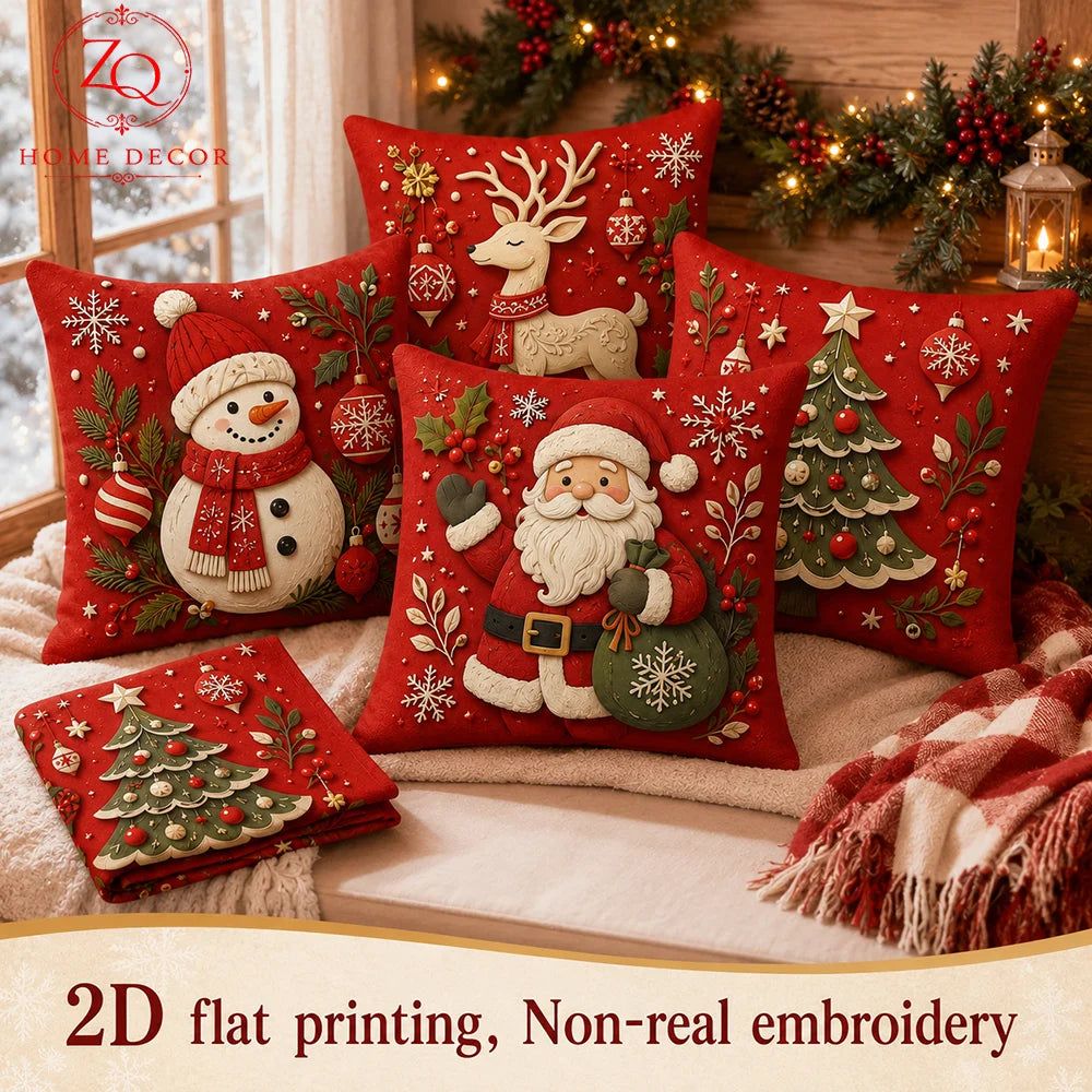 4Pcs 2D Flat Printed Christmas Tree Peach Skin Microfiber Pillow Cover Holiday Sofa Coussin Living Room Body Pillow Cover