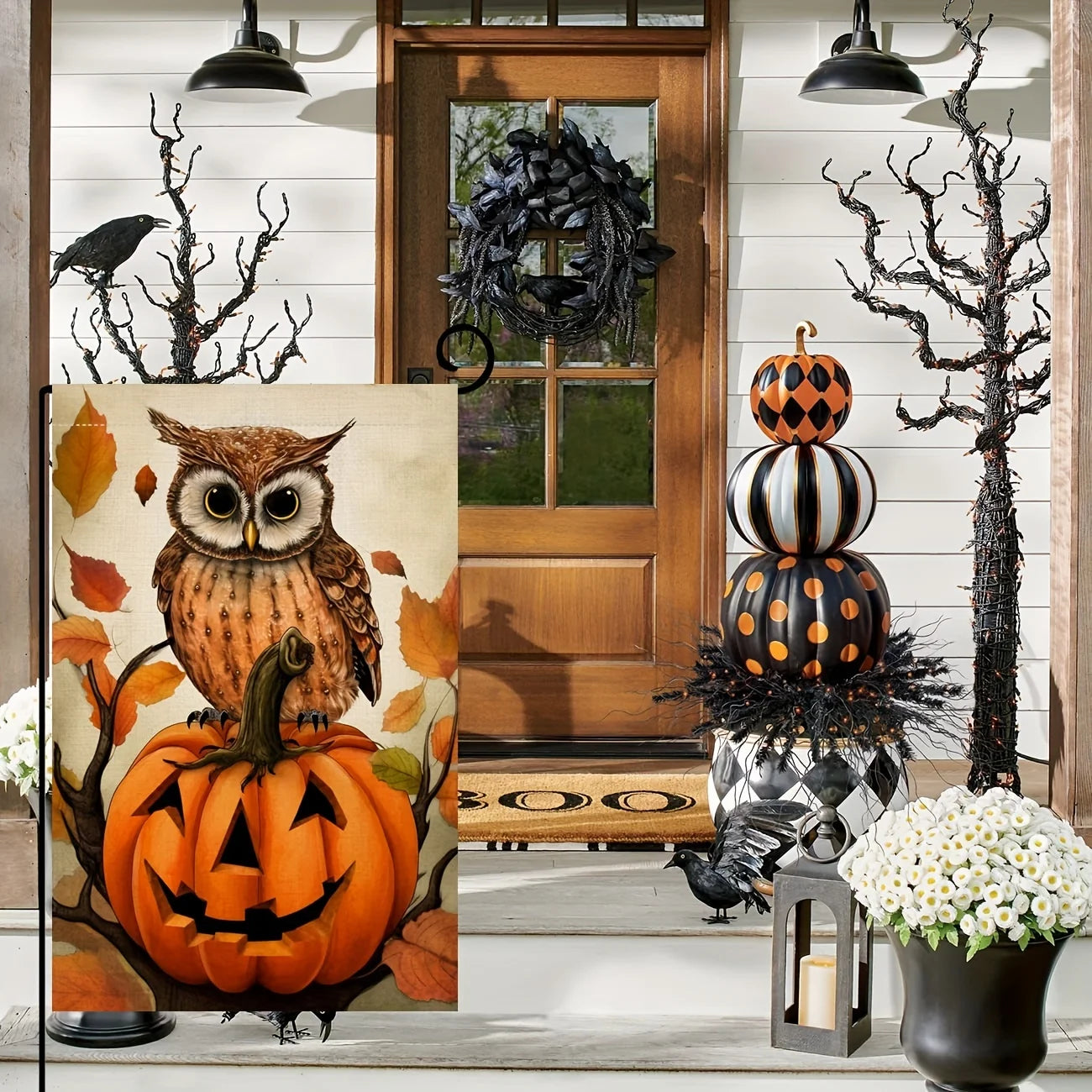 Owl & Pumpkin Halloween Garden Flag – 12 × 18 in
