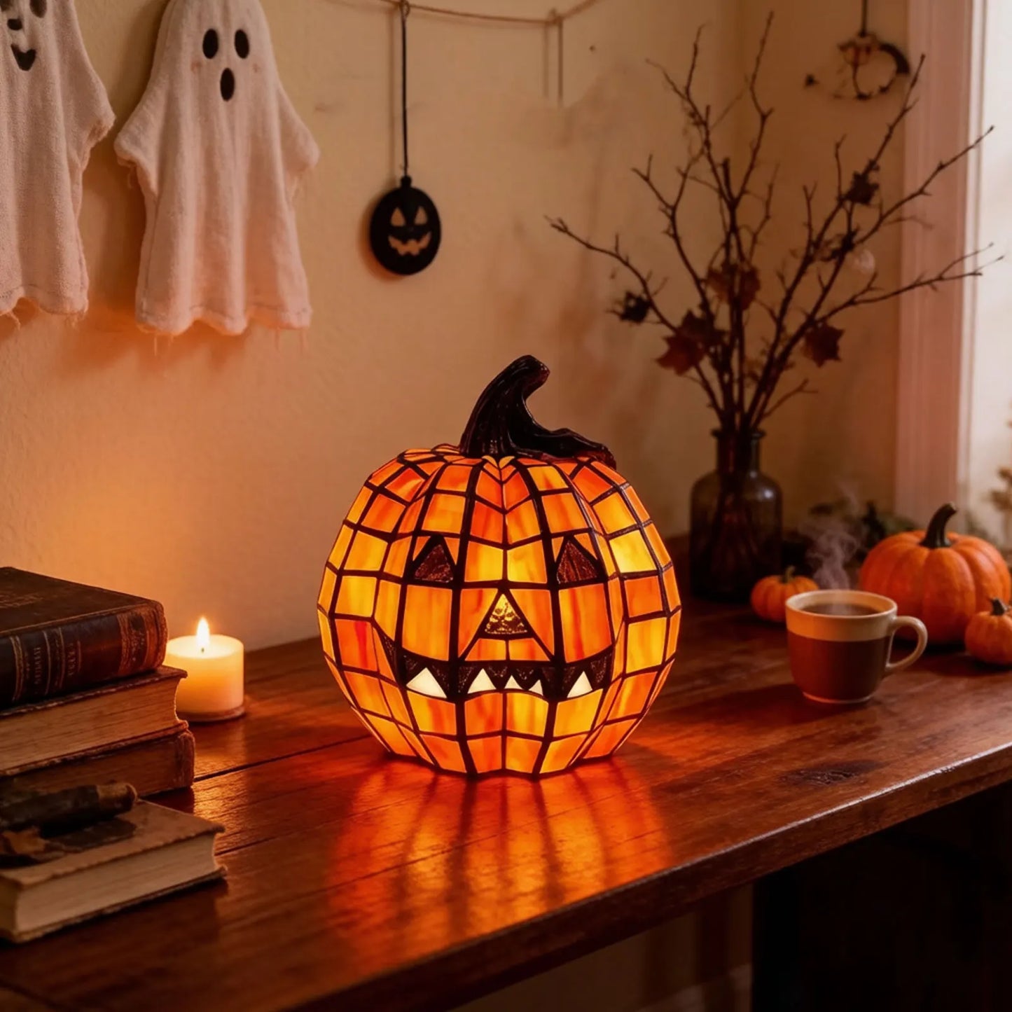 Harvest Glow™ Stained-Glass-Style Pumpkin Table Lamp