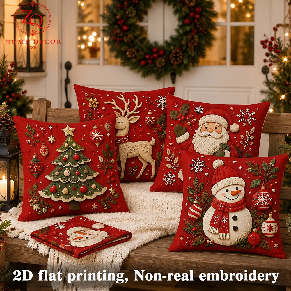 4Pcs 2D Flat Printed Christmas Tree Peach Skin Microfiber Pillow Cover Holiday Sofa Coussin Living Room Body Pillow Cover