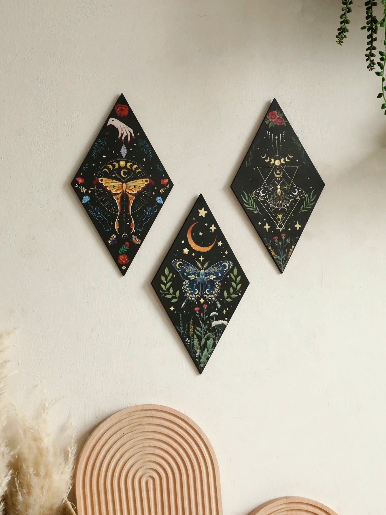 Moonlit Moths™ Celestial Wooden Wall Art – Set of 3
