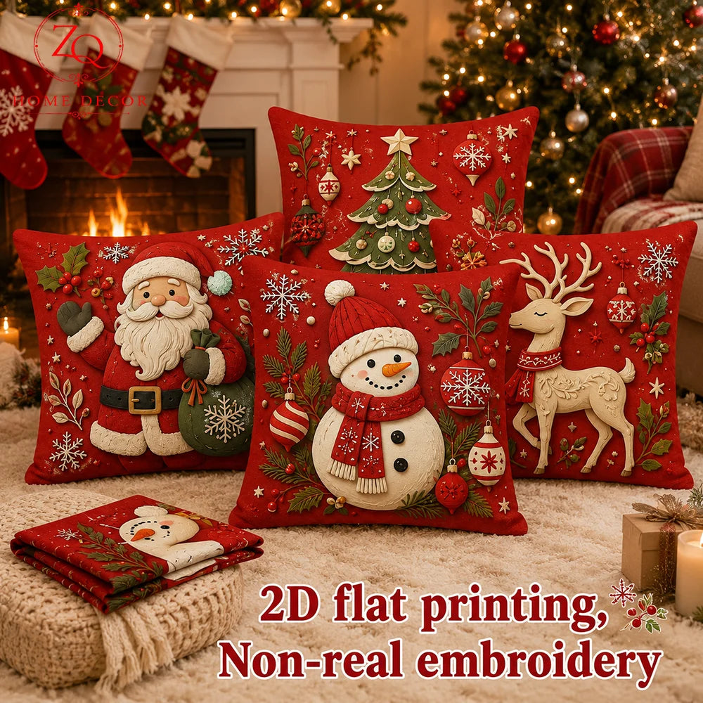 4Pcs 2D Flat Printed Christmas Tree Peach Skin Microfiber Pillow Cover Holiday Sofa Coussin Living Room Body Pillow Cover