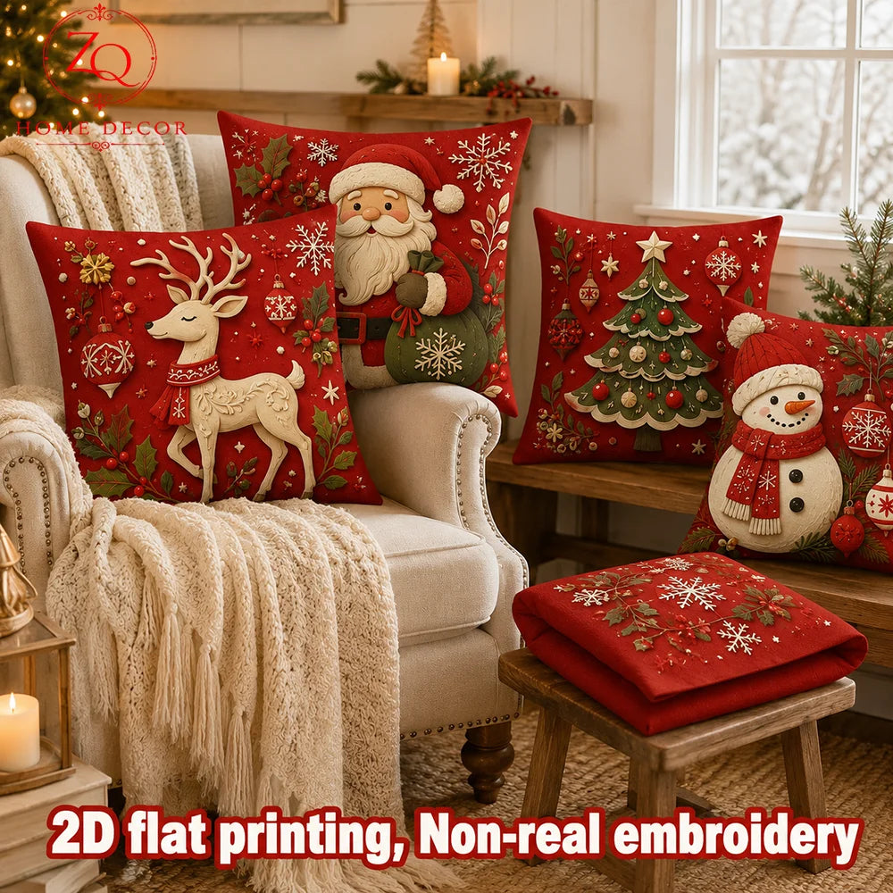4Pcs 2D Flat Printed Christmas Tree Peach Skin Microfiber Pillow Cover Holiday Sofa Coussin Living Room Body Pillow Cover