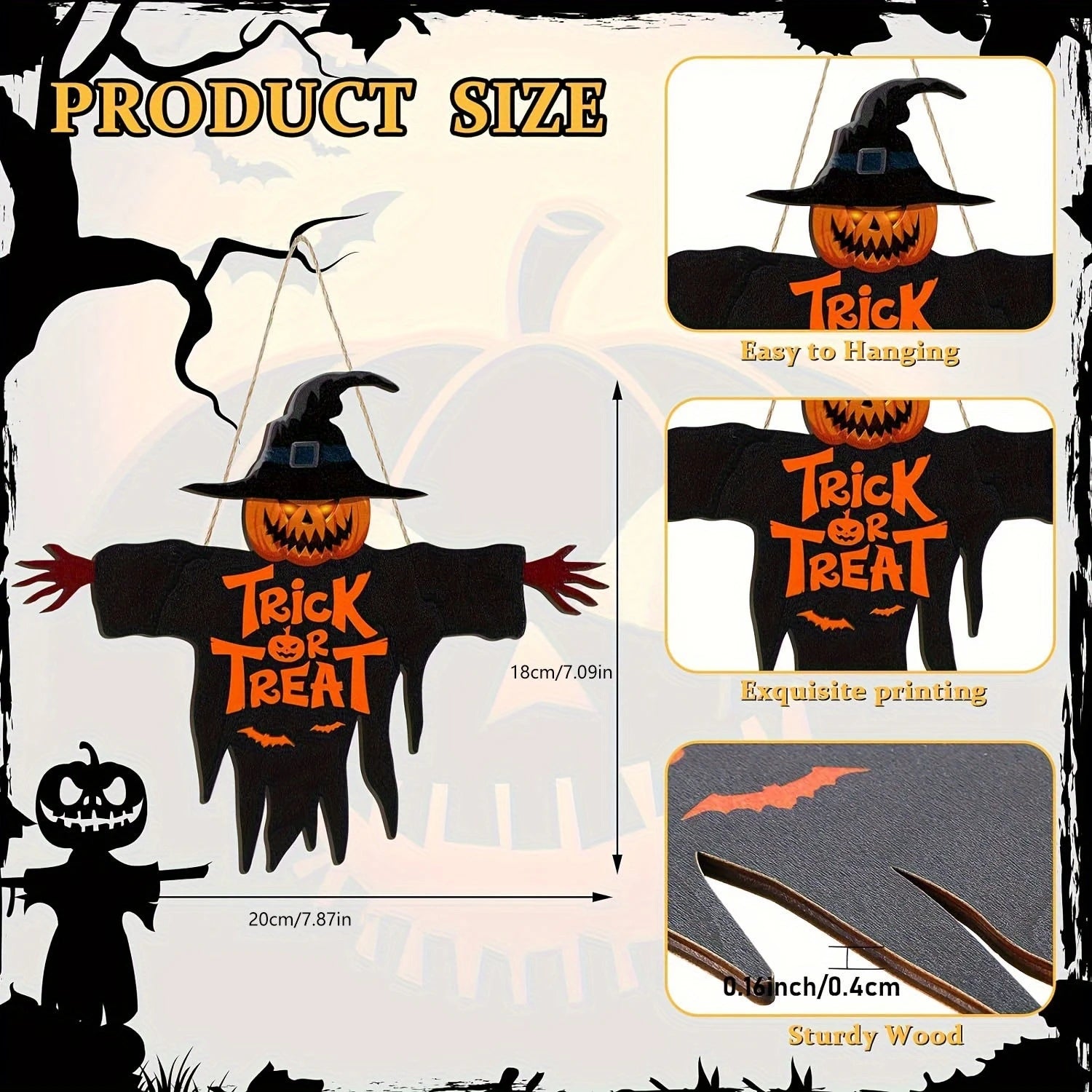 Size and hanging details of wooden Trick-or-Treat Halloween sign