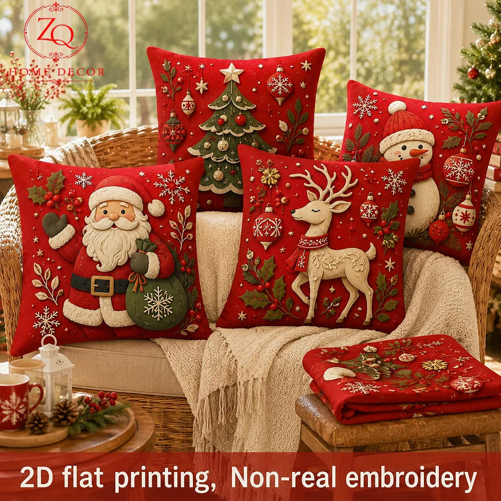 4Pcs 2D Flat Printed Christmas Tree Peach Skin Microfiber Pillow Cover Holiday Sofa Coussin Living Room Body Pillow Cover
