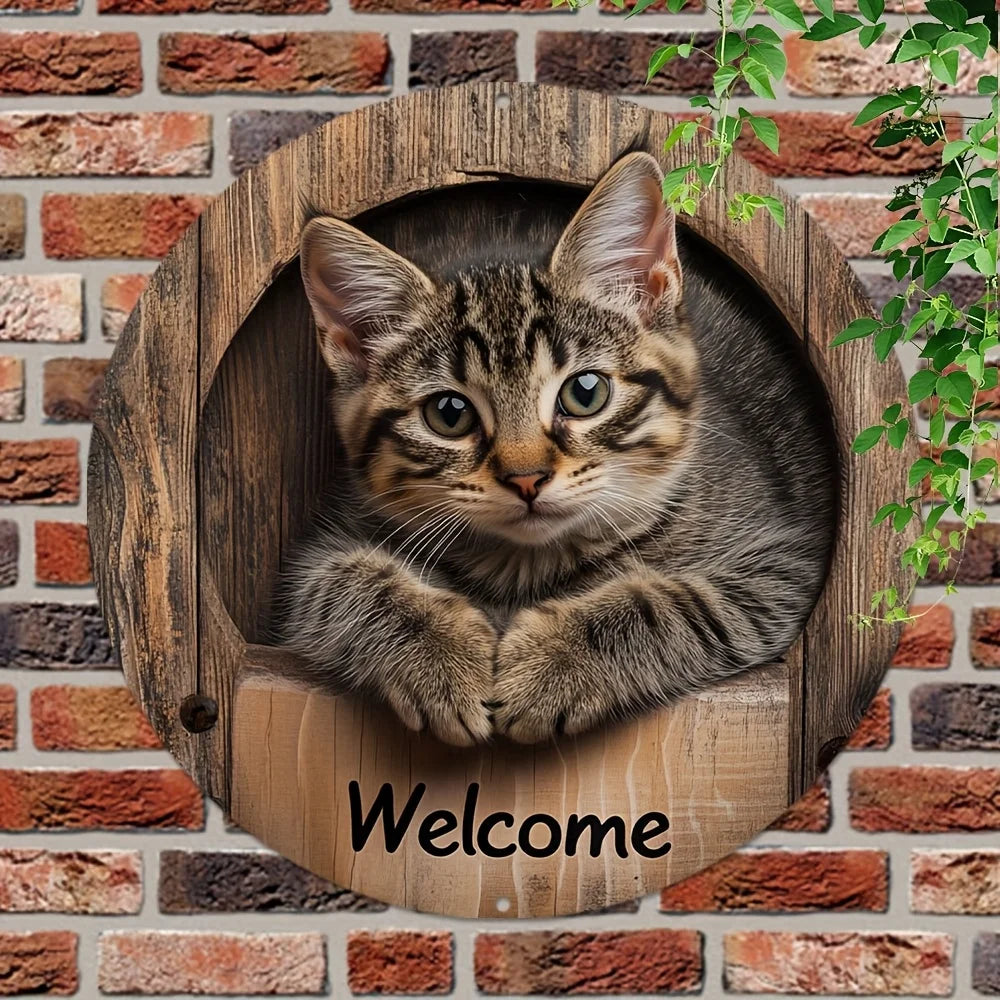 Whisker Welcome™ Round Wooden Cat Sign – 8 in