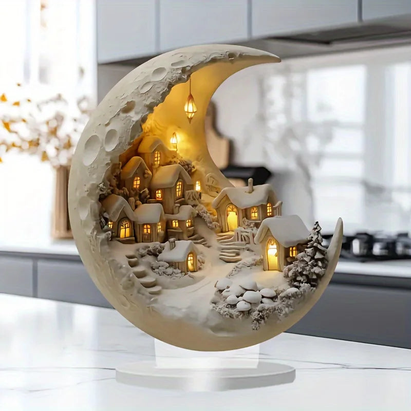 Printed details of a moon-shaped acrylic Christmas ornament