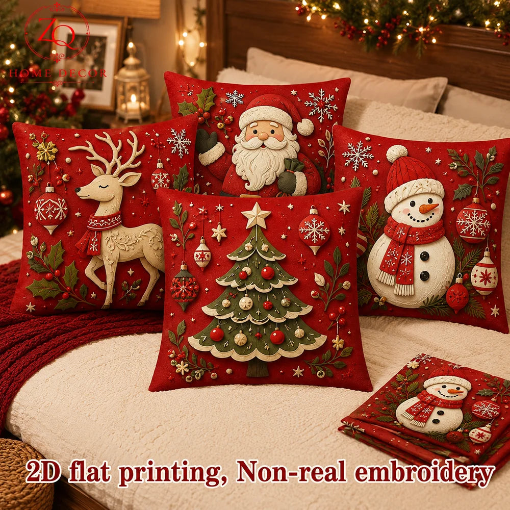 4Pcs 2D Flat Printed Christmas Tree Peach Skin Microfiber Pillow Cover Holiday Sofa Coussin Living Room Body Pillow Cover