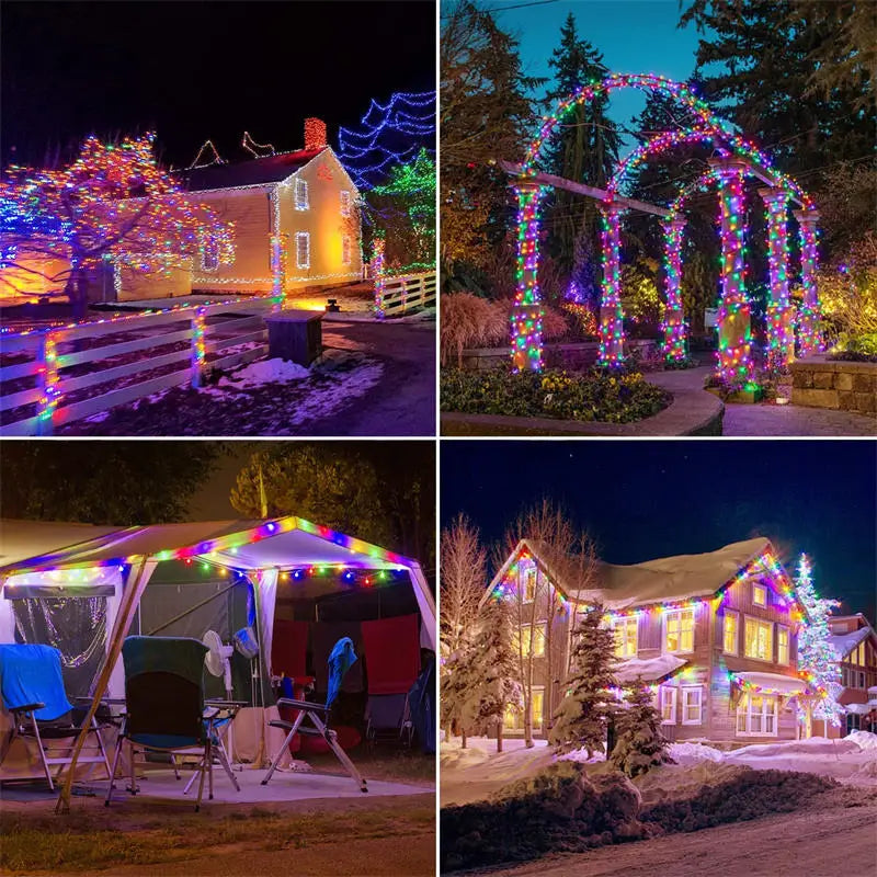 Solar fairy string lights glowing around an outdoor garden and patio
