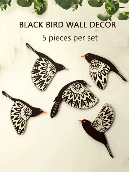 Noir Flock™ Wooden Bird Wall Decor – Set of 5
