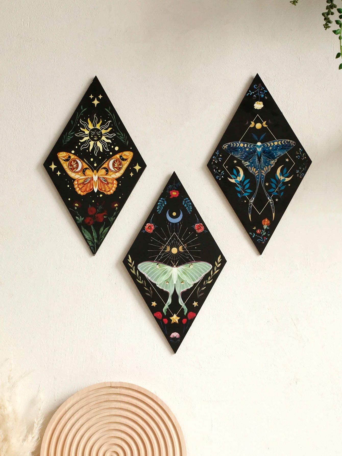 Moonlit Moths™ Celestial Wooden Wall Art – Set of 3
