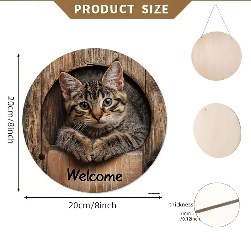 Size and printed surface details of an 8 inch round wooden cat sign