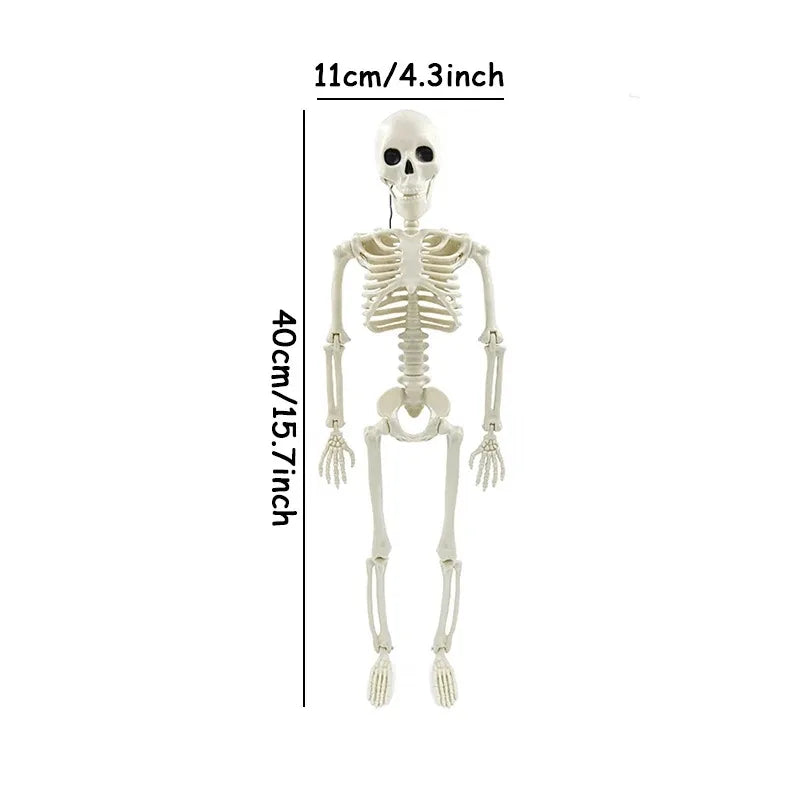 Poseable plastic Halloween skeleton arranged in different outdoor positions