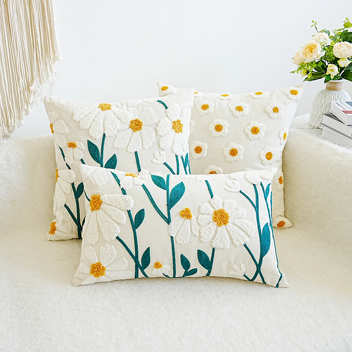 Green and orange daisy embroidered pillow cover options