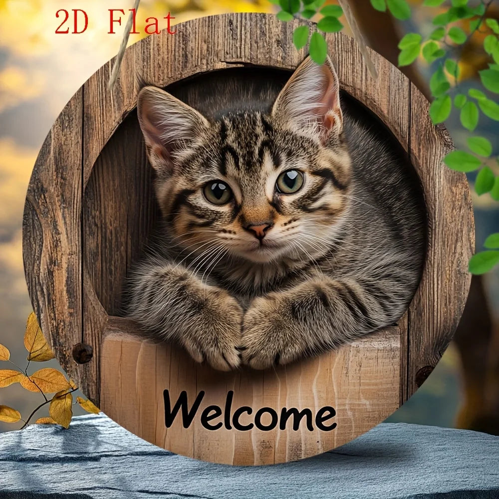 Whisker Welcome™ Round Wooden Cat Sign – 8 in