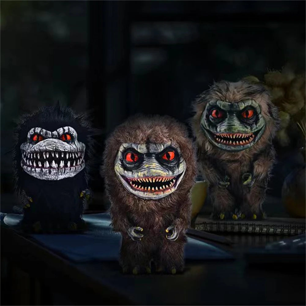 Individual creepy monster plush prop with PVC face and faux fur body