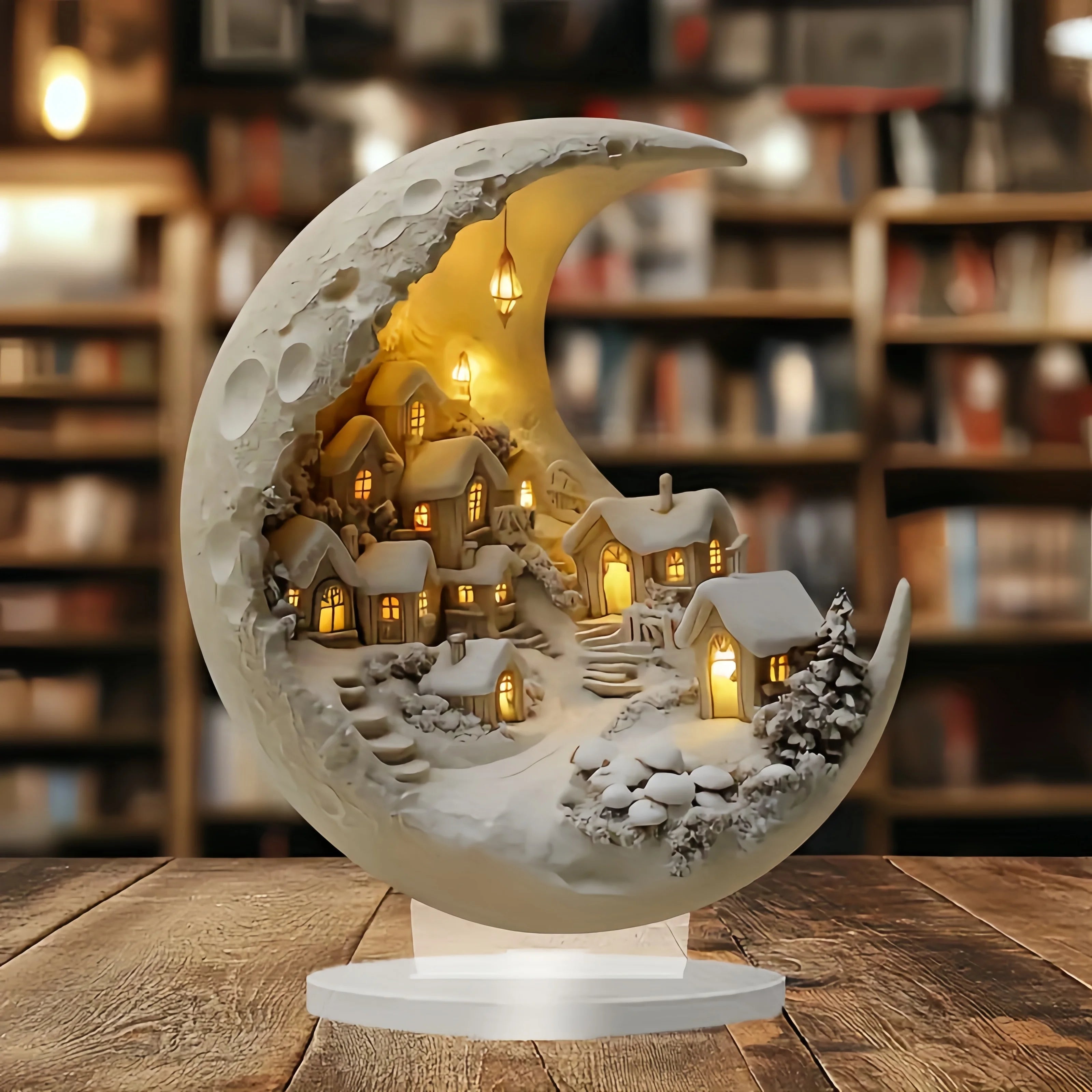 Moon-shaped acrylic Christmas village tabletop ornament