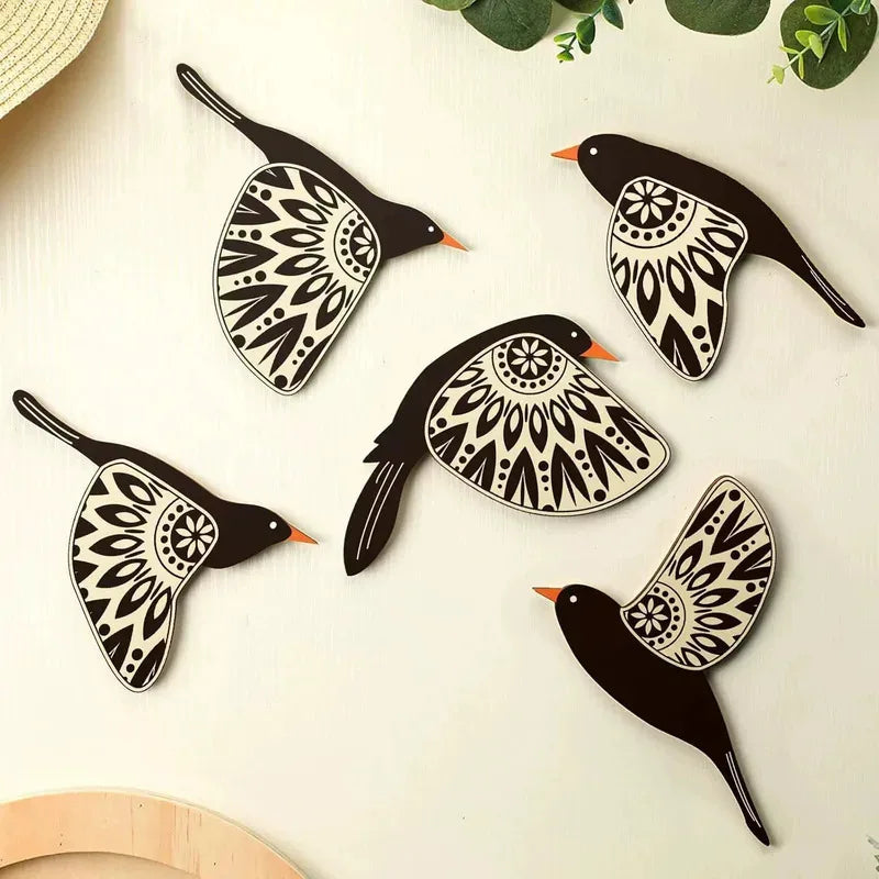 Noir Flock™ Wooden Bird Wall Decor – Set of 5