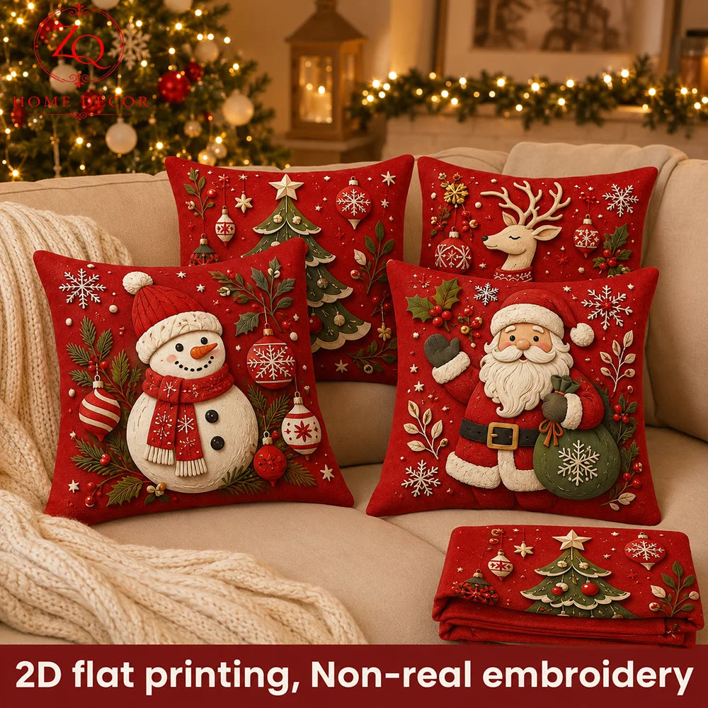 4Pcs 2D Flat Printed Christmas Tree Peach Skin Microfiber Pillow Cover Holiday Sofa Coussin Living Room Body Pillow Cover