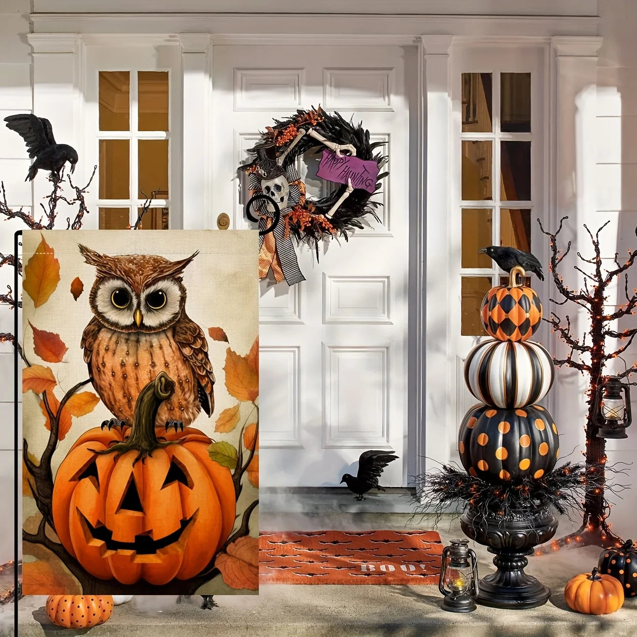 Owl & Pumpkin Halloween Garden Flag – 12 × 18 in
