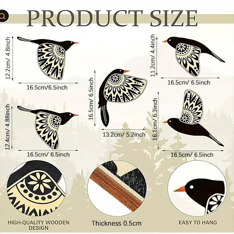 Noir Flock™ Wooden Bird Wall Decor – Set of 5