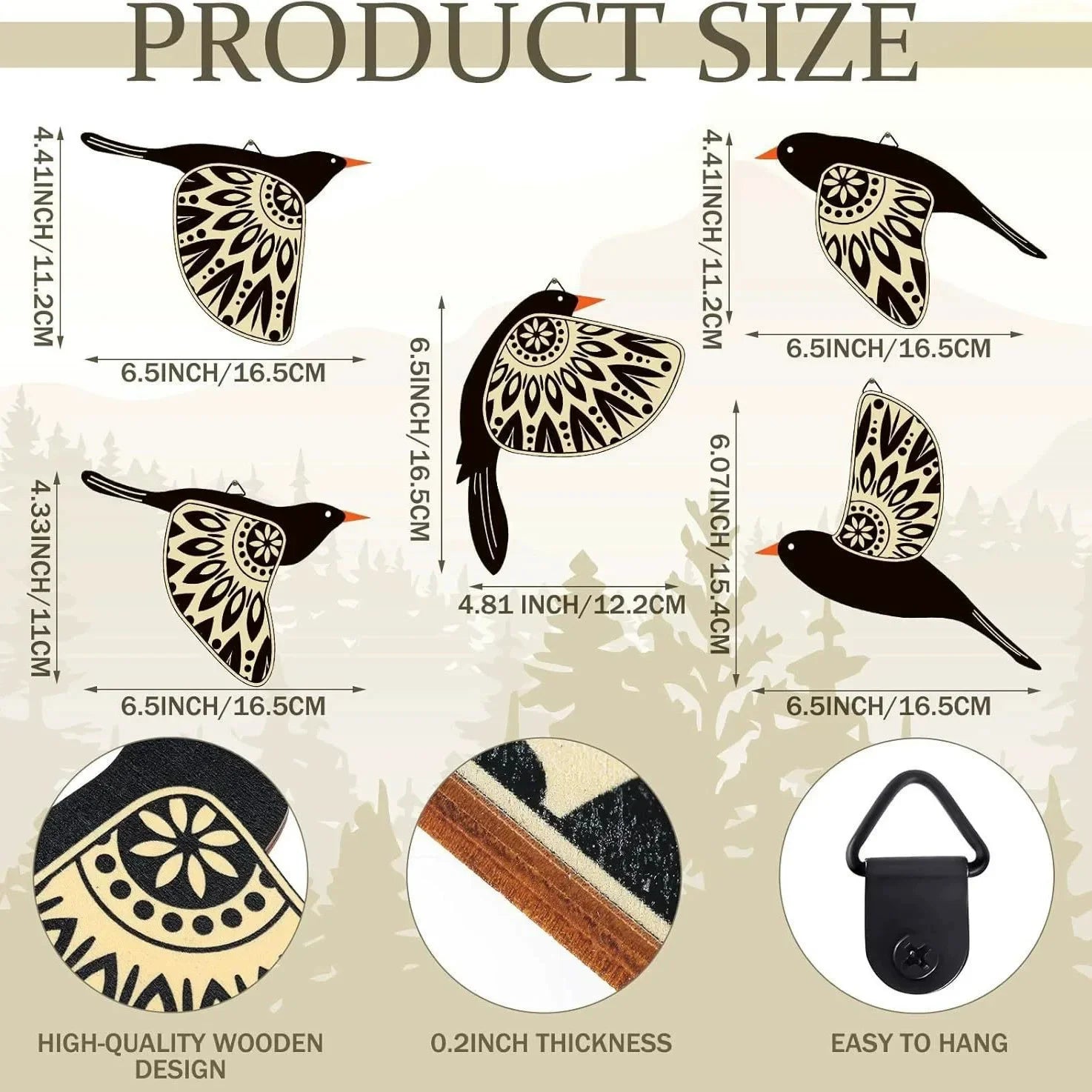 Dimensions and thickness of the five wooden black bird wall decorations