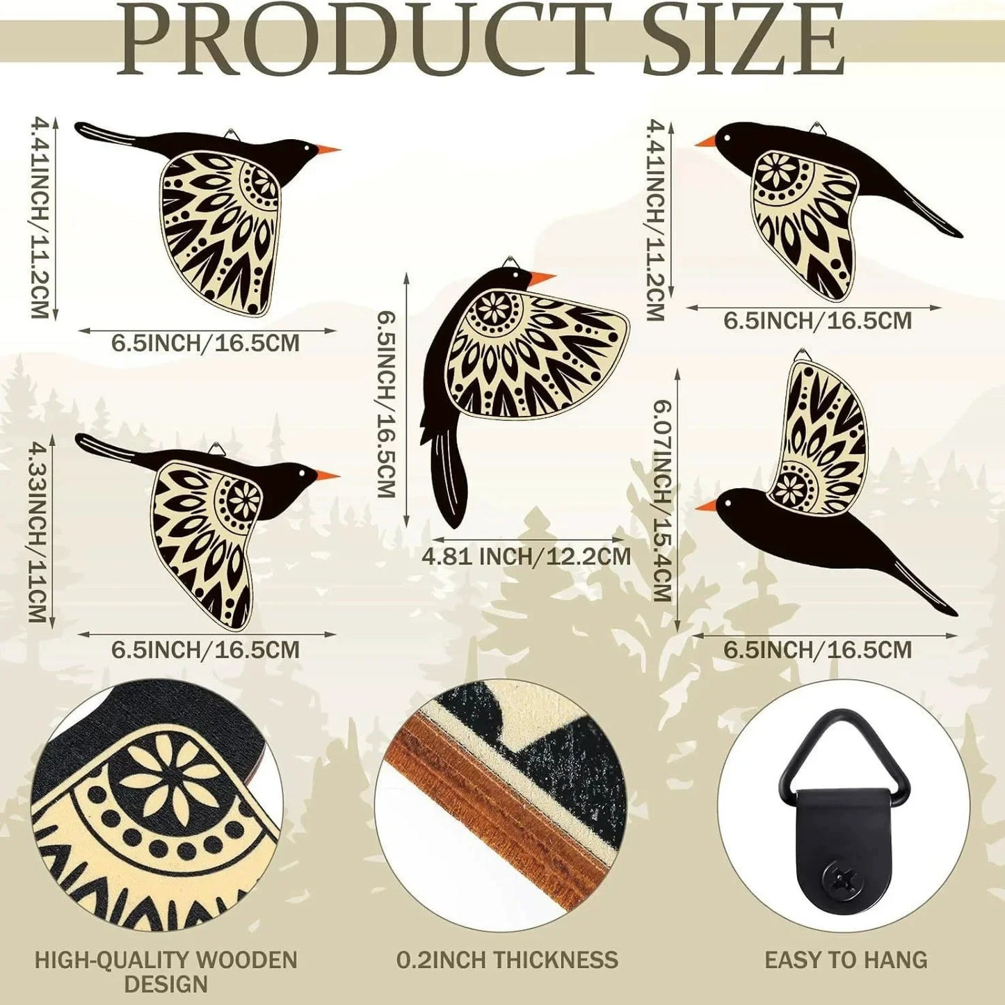 Noir Flock™ Wooden Bird Wall Decor – Set of 5