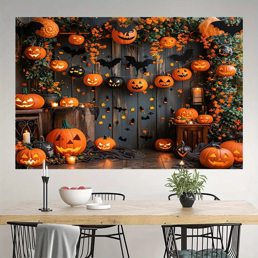 Pumpkin Halloween photography backdrop with rustic wood-look printed design