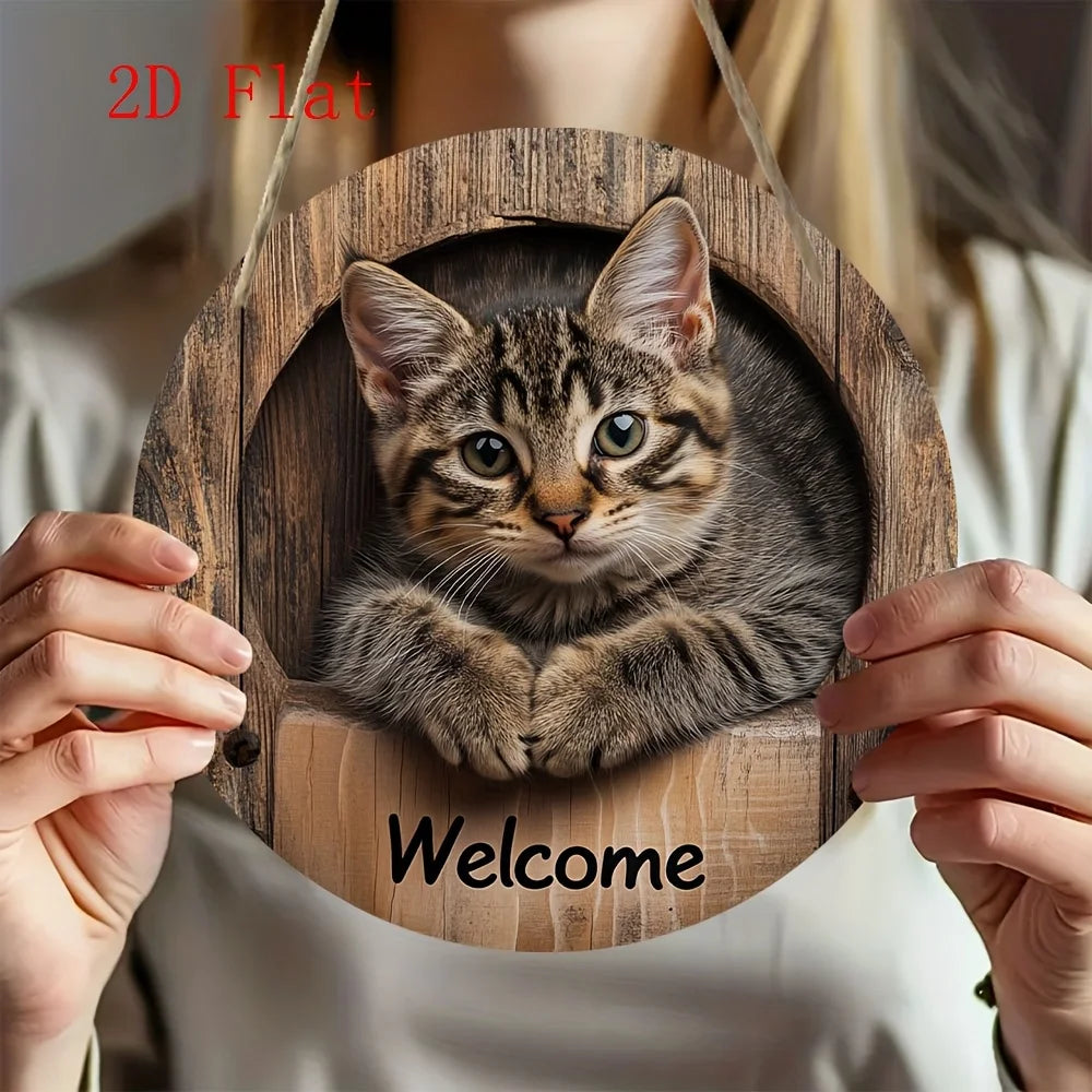 Whisker Welcome™ Round Wooden Cat Sign – 8 in