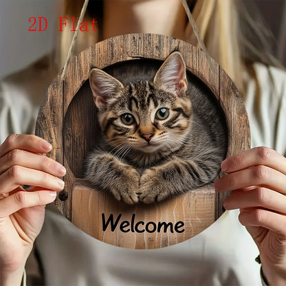 Whisker Welcome™ Round Wooden Cat Sign – 8 in