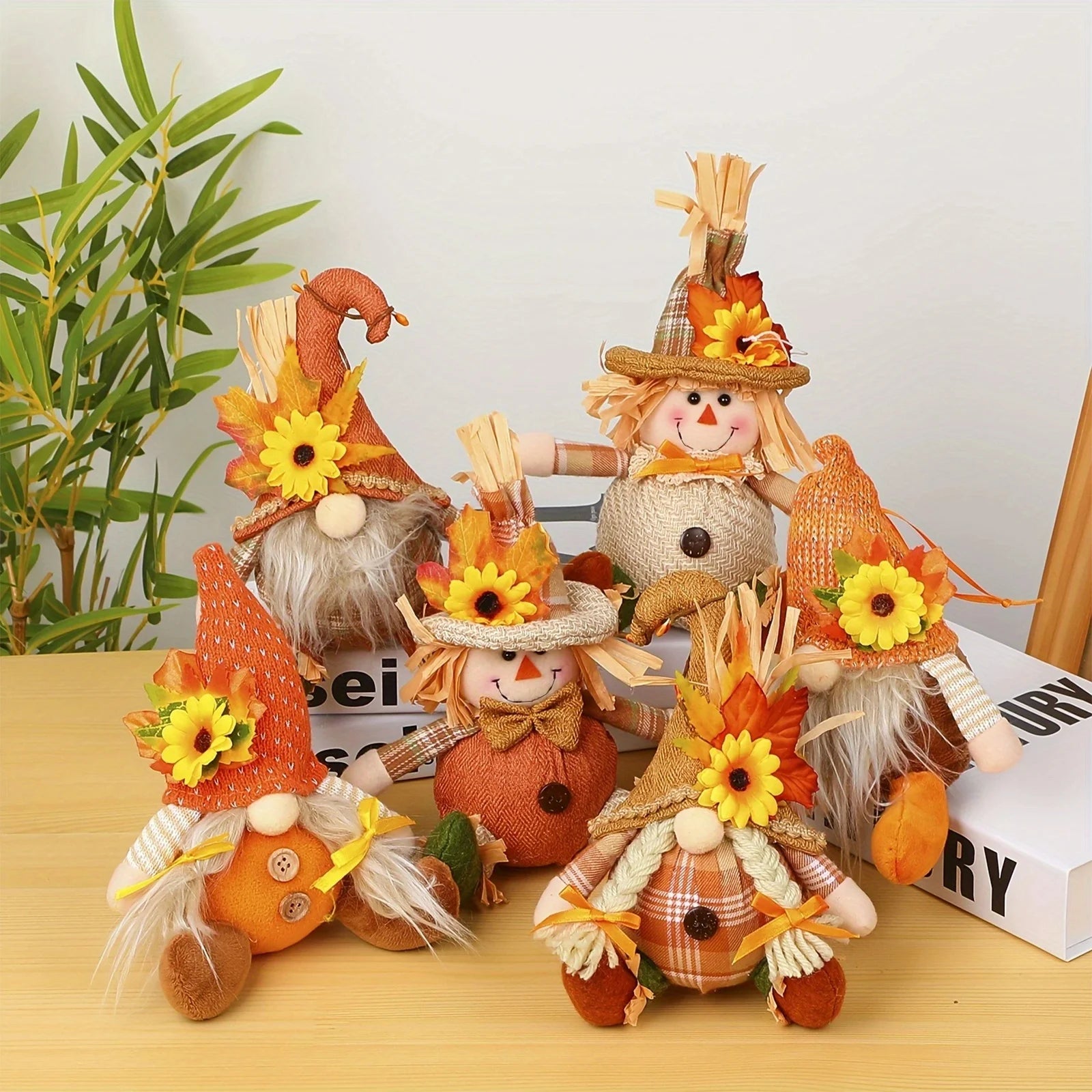Rustic autumn scarecrow and gnome tabletop decorations with sunflower accents