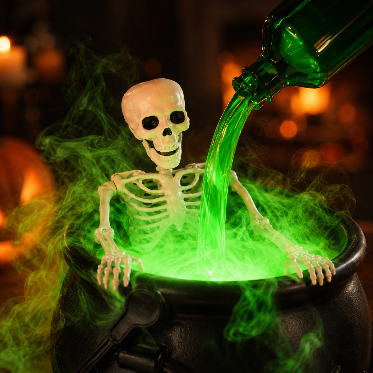Hocus Mist™ Skeleton Cauldron with Green Fog & Glow