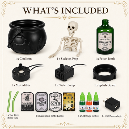 Hocus Mist™ Skeleton Cauldron with Green Fog & Glow